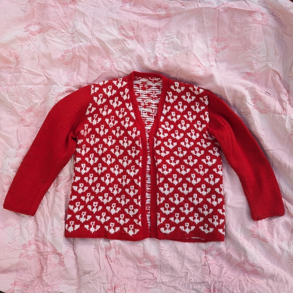 Vintage 80s Nautical Cardigan Sweater M Red White Anchor Open Front Coastal